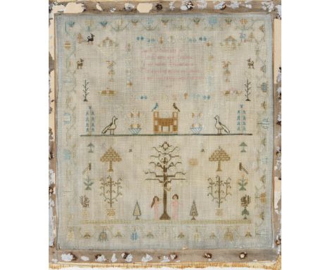 A George III linen Adam and Eve sampler, Sarah Bachelor is my name... aged 12 year, 1819, 33 x 31cm  Typically faded, moth ho