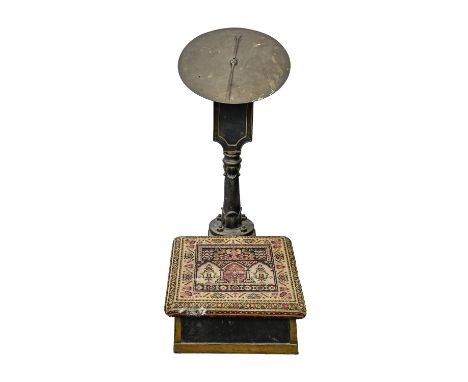 A Victorian cast iron, brass and steel personal weighing scale, Salters Platform Machine to Weigh 18 Stone x ¼lb, c1900, with