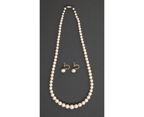A single row cultured pearl necklace, of 4-8mm cultured pearls, white gold clasp and a pair of similar earrings, gold fitting