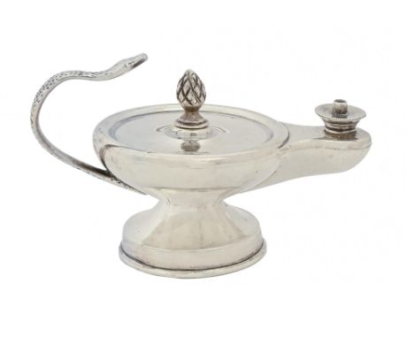 An Edwardian silver cigar lamp, with serpent handle, 11.5cm l, part marked by Joseph Braham, London c1905, 3ozs 15dwts  Light