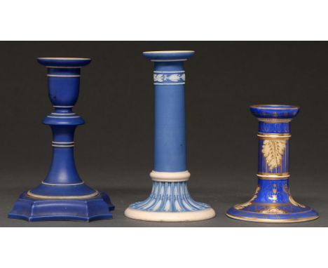 A Wedgwood blue jasper candlestick, 19th c,&nbsp;15.5cm h, the circular base moulded in low relief with a frieze of bellhusks