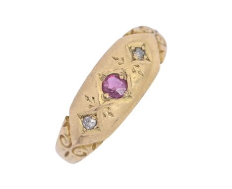 A Victorian ruby and diamond ring, gypsy set in 18ct gold, Birmingham 1889, 2.1g, size N  Light wear