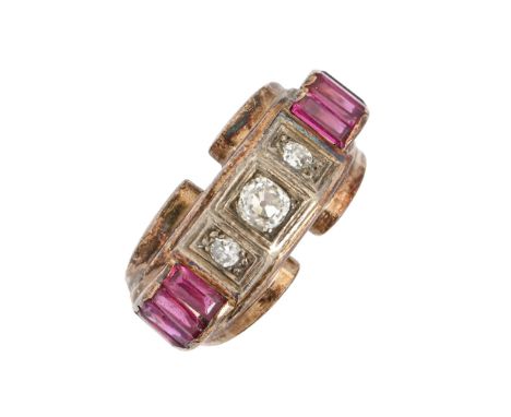 A mid-century diamond and synthetic ruby cocktail ring, c1950, with old cut diamonds, in gold, apparently unmarked, 9.5g  Lig