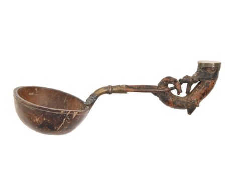 An unusual silver-mounted bamboo and coconut ladle, probably South East Asian, 18th or 19th c,&nbsp;coconut shell bowl, lacqu
