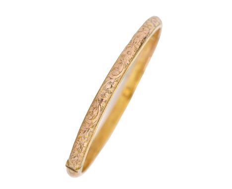 A Victorian 9ct gold bangle, 56mm (internal), Birmingham 1893, 6.8g  Good condition, straight not bent or dented, closing tig
