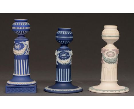 A Wedgwood blue jasper Corinthian candlestick, 19th c,&nbsp;15.5cm h, impressed&nbsp;WEDGWOOD, another two, similar, late 19t