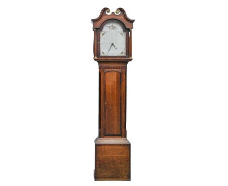 A Victorian thirty hour oak and crossbanded longcase clock, the breakarched and painted dial with date sector, fan paterae an