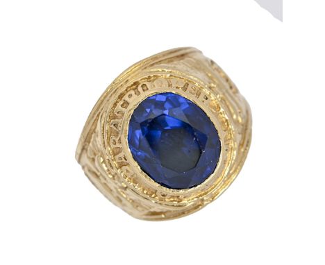 A blue stone signet ring, in gold indistinctly marked 750, 16g, size P  Slight wear