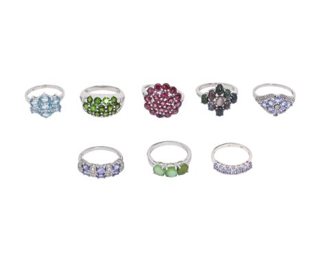 Eight silver rings, variously gem set, 33.7g, size R  Good condition