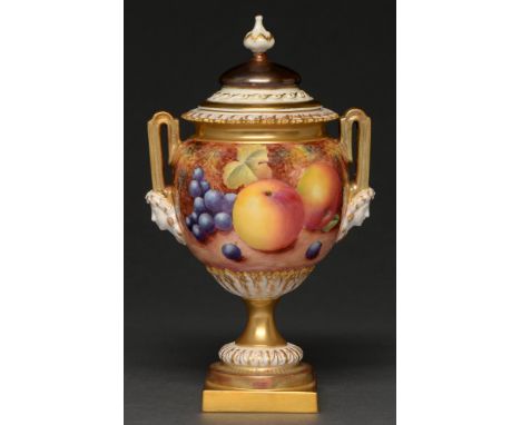 A Royal Worcester vase and cover, c1970, painted by M Morris, signed, with continuous fruit, 21cm h, black printed mark  Good
