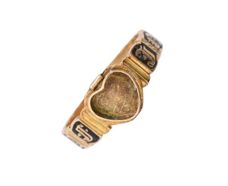 A Victorian 18ct gold and enamel mourning ring, Birmingham 1863, 2.5g, size L  Originally with an enclosed part the lid now l