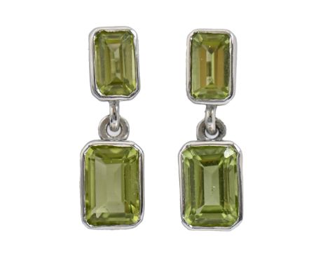 A pair of step cut peridot earrings, in white gold, 15mm, 1.7g  Good condition
