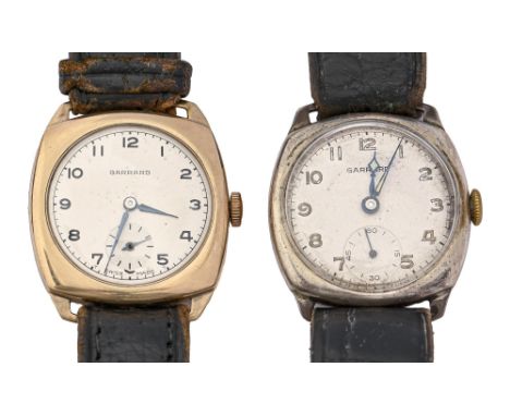 Two similar Garrard 9ct gold and silver cushion shaped gentleman’s wristwatches,&nbsp;29 x 29mm, both Birmingham 1964 and 195