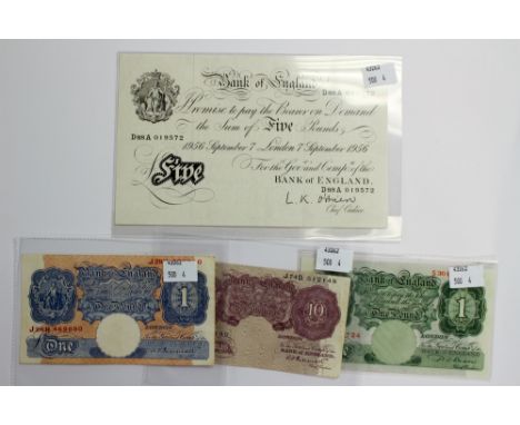 Bank of England white £5, L K, O'Brien London, London 7 September 1956, £1 blue Peppiatt, £1 green, Beale and ten Shillings p