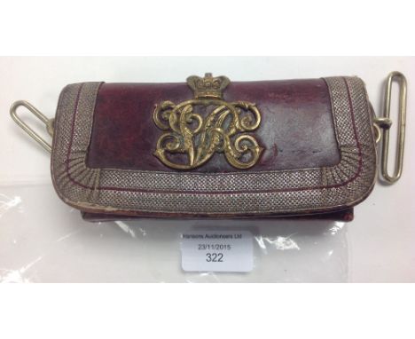 Victorian British Army Officer's leather dress uniform cartridge box. Maroon leather with brass "VR" monogram to front. 