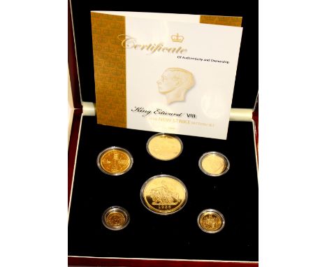 Edward III 1936 New Strike pattern set of six coins, crown to threepence in sterling silver layered with 24ct gold with prese