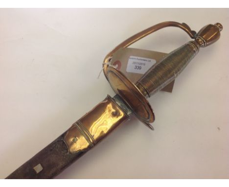 19th Century Dress Sword, unmarked brass hilt and brass wire bound grip with leather scabbard with brass fittings.