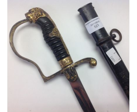 WW2 German Heer (Army) Officers sword by Holler of Solingen. Lions head grip with red glass eyes inset. With scabbard. Blade 