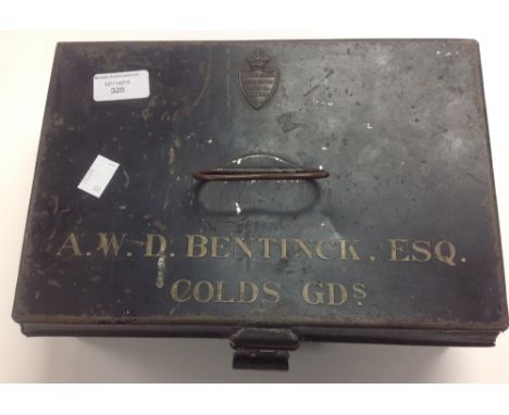 WW1 British Army Officers tin box. Named to A W D Bentinck Coldstream Guards. Served as a Captain in WW1 and later became a L