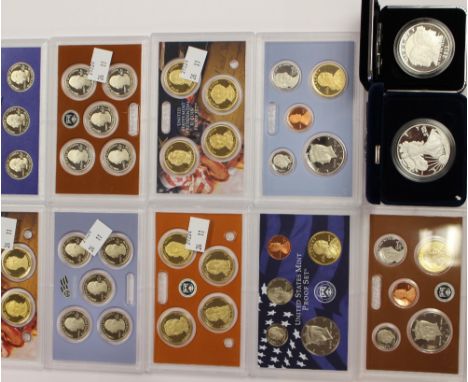 U.S.A. proof sets 2008, 2010, 2011, State Quarter dollar sets x 3, Presidential one dollar sets x 3, silver proof United Stat