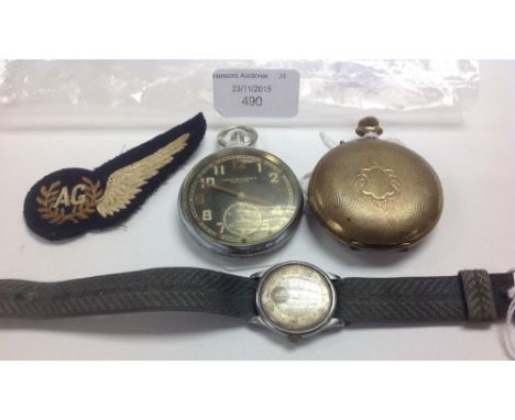 A WWII G.S.T.P pocket watch, No 157269, a Bevue vintage wristwatch, another pocket watch and an RAF Air Gunners Brevett. (4)