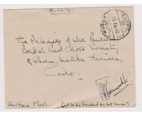 Egypt - WWII POW Censor Cairo 1942 Envelope Egypt prepaid censored, m/s OAS aid with "Not to be Franked by Unit Censor" writt