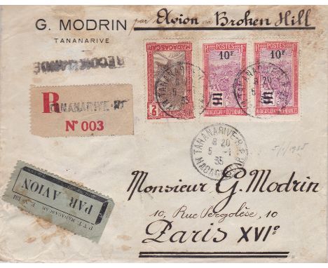 French Colonies Madagascar 1935 Env Airmail Registered Cananarive (Reg label 003) to Paris - Avion Broken Hill m/s, with pair