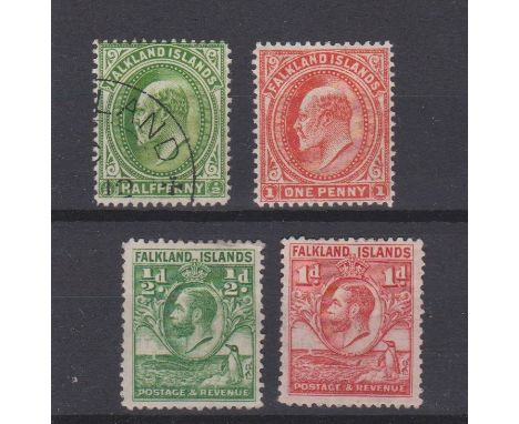 Falkland Islands 1904-1937 definitives including: 1904 SG 34 used 1/2d, SG 44 m/m 1d and 1929-37 SG 116-117 m/m