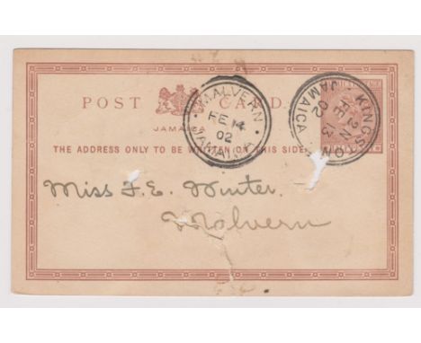 Jamaica 1902 Victoria 1/2d stationery card used Kingston to Malvern Jamaica, very fine, double ring cancels, card torn &amp; 