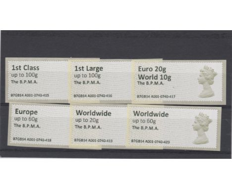 Great Britain Post and Go 2014 Machin u/m set of 6 FS77, FS78, FS79b, FS80, FS82, FS84 Type III MA13 inscribed The BPMA (high