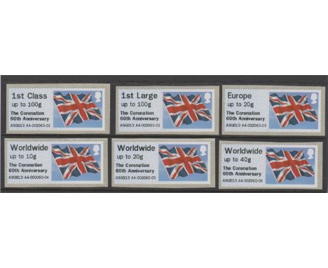 Great Britain Post and Go 2013 Union Flag u/m set of 6 inscribed The Coronation 60th anniv FS85-FS87, FS89-FS91 Type III MA13