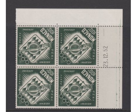 Monaco 1953-15th Olympic Games Helsinki, SG471 u/m block of (4) 100f stamps - cat value £100