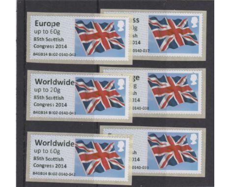 Great Britain Post and Go 2014 Union Flag u/m set of 6 inscribed 85th Scottish Congress 2014 on FS39-FS41, FS41b, FS43, FS44b