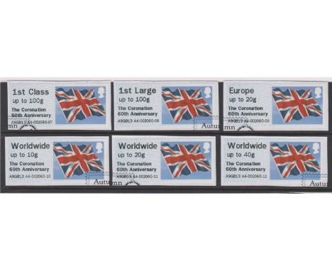 Great Britain Post and Go 2013 Union Flag F.U. set of 6 inscribed The Coronation 60th anniv FS85-FS87, FS89-FS91 Type III MA1