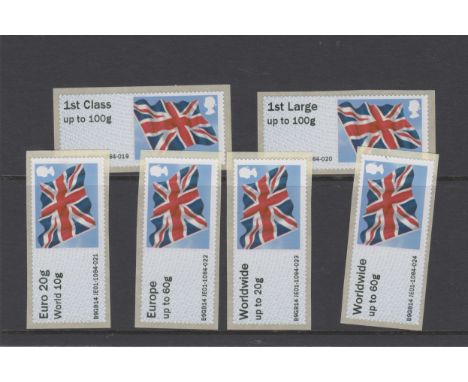 Great Britain Post and Go 2014 Union Flag labels printed at Spring Stampex u/m set of 6 FS39a-FS41a, FS41ba, FS43a, FS44ba Ty