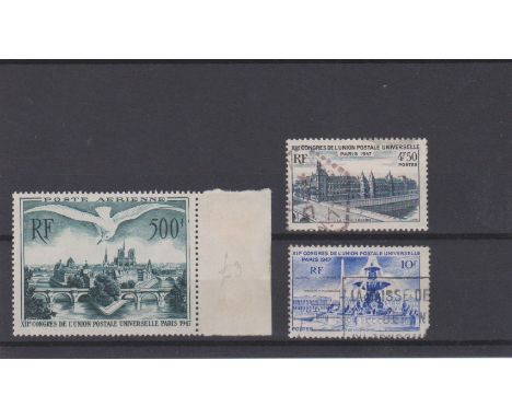 France 1947 12th UPU Congress S.G. 1013 u/m 500f, S.G. 1010, 1012 used. Cat value £95+