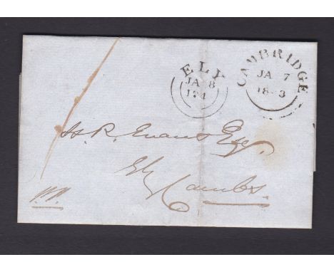 Cambs 1843 EL - from Cambridge to Ely with fine double ring cancels for both, M/S, one in red on obverse, XXXX