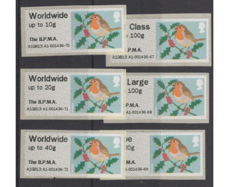 Great Britain Post and Go 2013 Christmas Robin u/m set of 6 inscribed The B.P.M.A on FS51a-FS56a Type III MA12