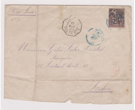 Reunion 1892 Cover St. Denis to London, Bank De La Reunion SG 24A, St. Denis cds in blue, "Via Suez" m/s, PAQ FR. No.3 hand s