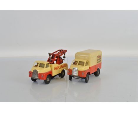 Two unboxed Tri-ang Minic Bedford vehicles including a 'Push and Go' #225M Breakdown  Lorry 'Minic Garages' in red and cream,