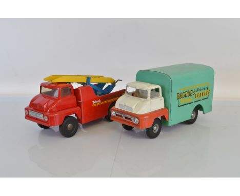 Two unboxed Tri-ang Pressed Steel Thames Trader based models, an Express Delivery Service Van in red, white  and green, toget