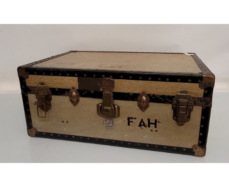 A vintage hinged trunk, in the Steamer style, with brass name plate Miss Harper, Anstey College Birmingham, Chester Road Stat