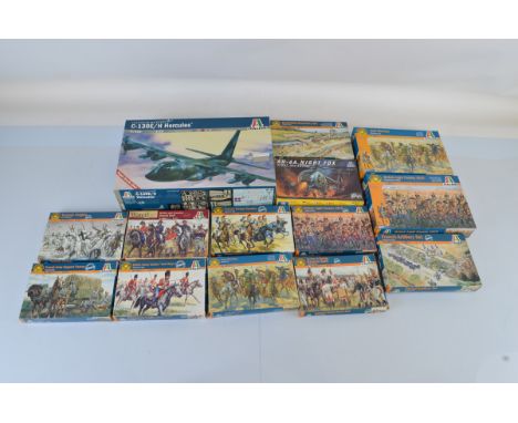 A quantity of Italieri model kits and soldier sets, including C-130E/ H Hercules, Arab Warriors, Medieval Era, British Light 
