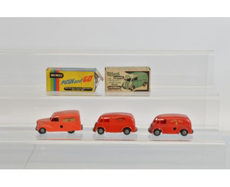 A boxed Tri-ang Minic 127M clockwork Morris Commercial 10cwt Express Delivery Van, hard to find in pale blue, VG with key, in