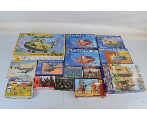 A quantity of assorted model kits and soldier sets, including Revell, Airfix, Mini Art, Zveda, Mars, etc. Contents not checke