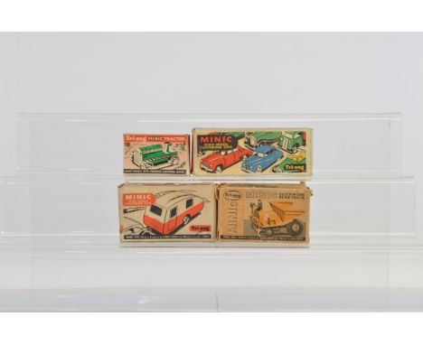 Three boxed vintage Tri-ang Minic vehicles including 16M Caravan in red and cream,  11M Tractor in red and a 15M Shell BP Pet