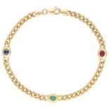 14K yellow gold gourmet bracelet with ruby, emerald and sapphire