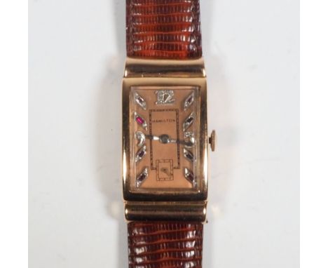 DAU, Manuf Hamilton Watch Company/Bienne, 1930er Jahre,Art Deco Epoche, 585er Roségoldgehäuse, rechteckiges roséfarbenes Ziff