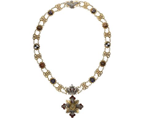 Collar Chain, Exile Period. Collar Badge, 97x66 mm, Silver gilt, both sides enameled, centre gold, cross and the scarf with b