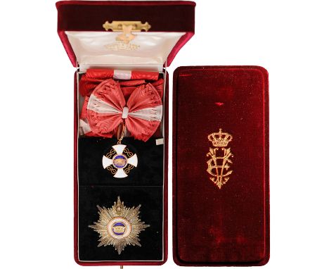 Grand Cross Set, instituted in 1868. Sash Badge, 50 mm, GOLD, enameled, original ring and long sash. Breast Star, 89 mm, GOLD